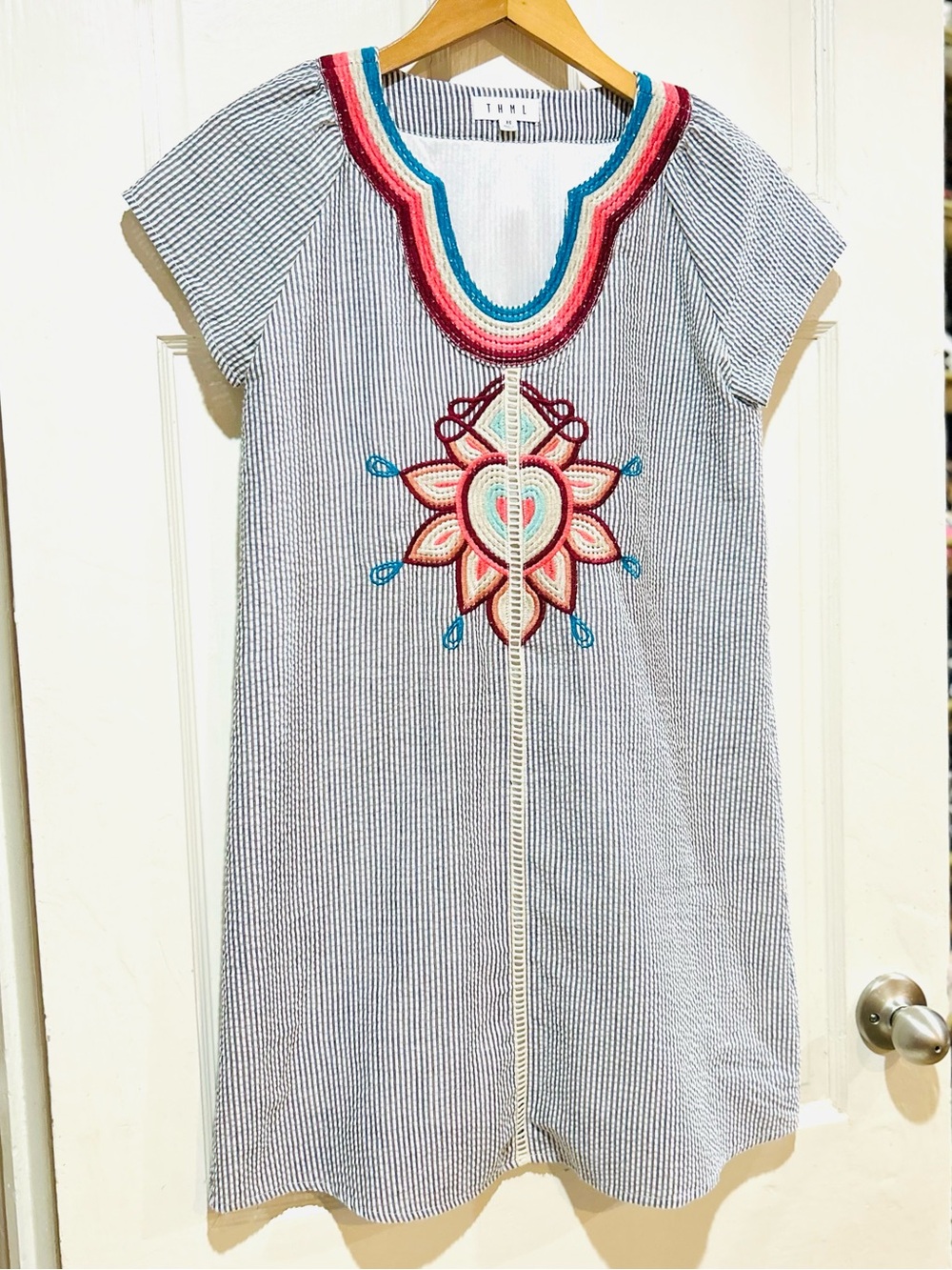THML Pinstripe Embroidered Shift Dress Boho Summer Preppy Vacation Beach XS